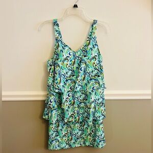 Susan Graver Open Scroll Blue Green Soleil Tiered Tankini with Skirt Brief 16